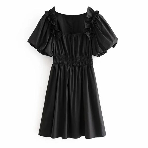 Aachoae Women Sweet Black White Dress Ruffles Puff Short Sleeve Stylish Chic Mini Dress Elastic Waist Pleated Cotton Dresses