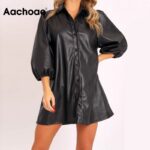 Aachoae-Streetwear-Faux-Leather-Dress-Women-Sexy-Club-Mini-Dress-Fashion-Lantern-Sleeve-Turn-Down-Collar-A-line-Dresses-Vestidos