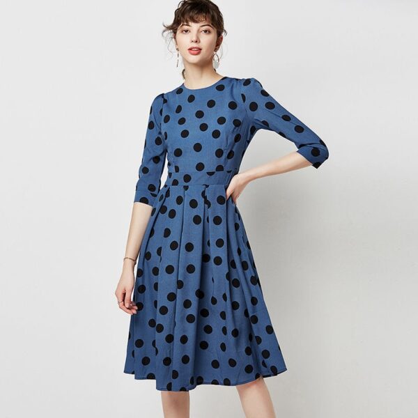 Aachoae 2020 Spring Polka Dot Dress Women Vintage Three Quarter Sleeve Office Casual Dress O Neck Ladies Long Pleated Dresses