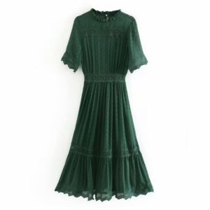 Aachoae Women Elegant Lace Embroidery Chiffon Long Dress 2020 A Line Green Pleated Midi Dress O Neck Short Sleeve Dresses