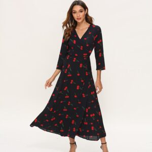 Aachoae Elegant Dresses Women Three Quarter Sleeve Cherry Print Long Dress Boho Split V Neck Casual Maxi Dress Vestidos Largos