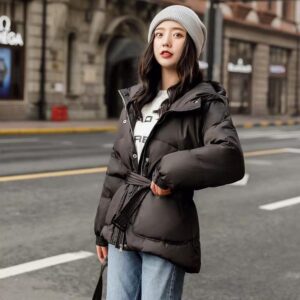 Women Autumn Winter Jacket Parkas Hooded Zipper Single Breasted Coat Thick Korean Fashion Sashes Jacket