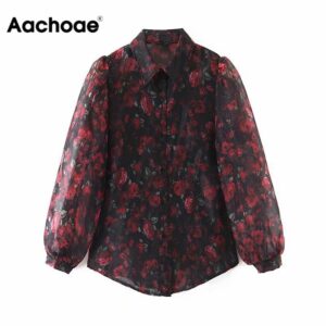 Aachoae Women Elegant Floral Print Organza Blouse Shirt Lantern Long Sleeve Blouses Casual Turn Down Collar Chic Shirt Tunic