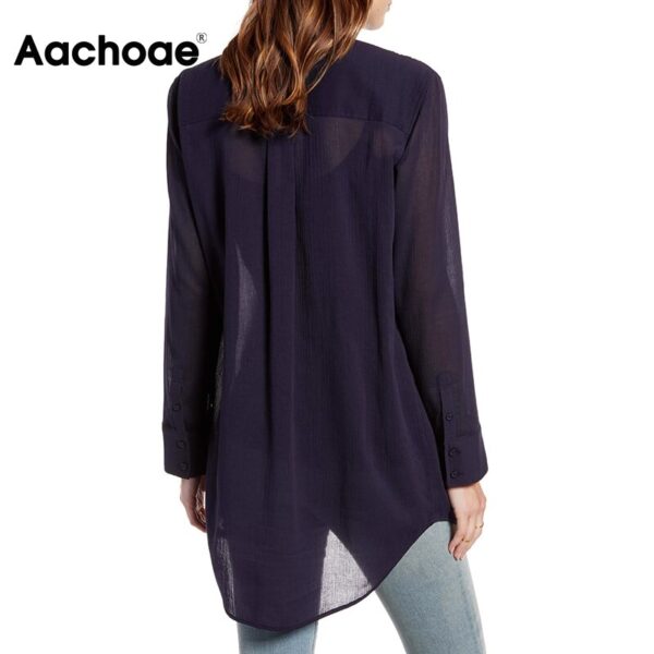 Aachoae Long Sleeve Casual Loose Shirt Women Turn Down Collar Office Blouse With Pocket Solid Color Ladies Tops Blusa Mujer 2020