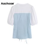 Aachoae-Fashion-Patchwork-Drawstring-Blouse-Top-Women-O-Neck-Sweet-Shirt-Female-Puff-Short-Sleeve-Stylish-Blouses-Summer-2020