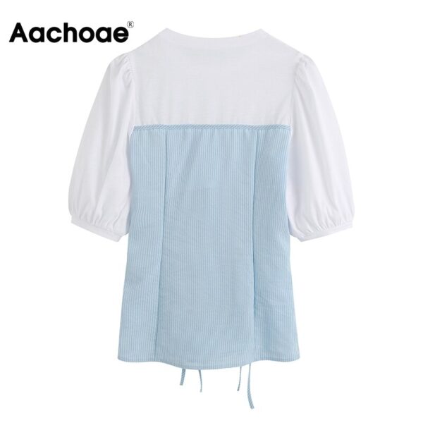 Aachoae Fashion Patchwork Drawstring Blouse Top Women O Neck Sweet Shirt Female Puff Short Sleeve Stylish Blouses Summer 2020