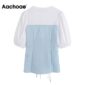 Aachoae Fashion Patchwork Drawstring Blouse Top Women O Neck Sweet Shirt Female Puff Short Sleeve Stylish Blouses Summer 2020