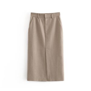 Aachoae Vintage High Waist Women Plaid Pencil Skirt Spring Split Midi-long Skirts Casual Pockets Zipper Female Office Skirt