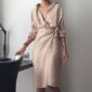 Aachoae Chic V Neck Wrap Dress Women Solid Long Sleeve Elegant Office Ladies Dresses 2020 Vintage Midi Dress Vestidos Mujer