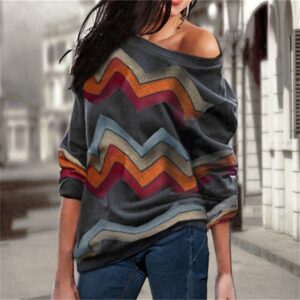 Aachoae Women Blouses Off Shoulder Tops Striped Print Pullover Jumper Casual Knitted Top Long Sleeve Blouse Shirt Camiseta Mujer