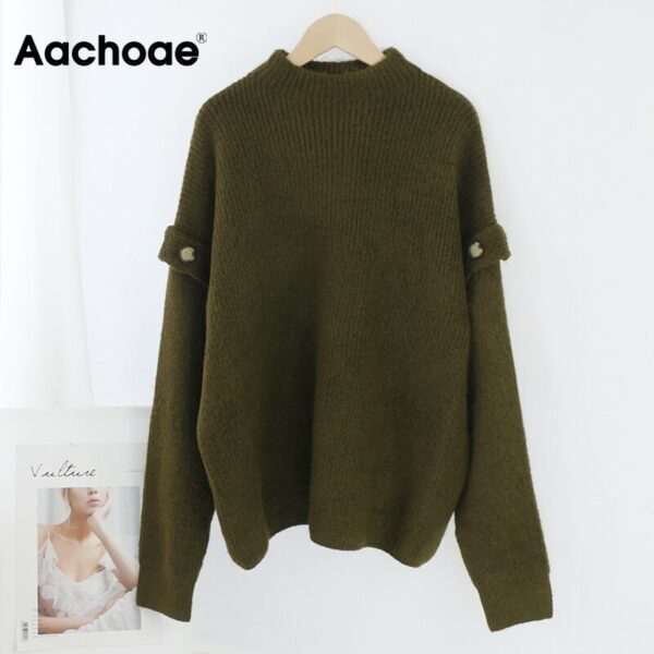 Aachoae Solid Knitted Sweater Women Batwing Sleeve Loose Casual Lady Pullover Sweaters Button Decorate O Neck Tops Pull Femme