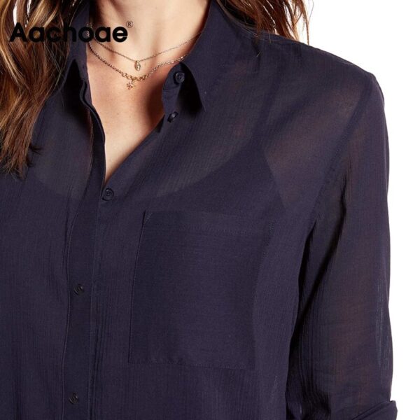 Aachoae Long Sleeve Casual Loose Shirt Women Turn Down Collar Office Blouse With Pocket Solid Color Ladies Tops Blusa Mujer 2020