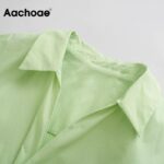 Aachoae Chic Pleated Green Mini Dress Women Fashion Short Sleeve Cotton Bodycon Dress Turn Down Collar Ladies Office Dresses