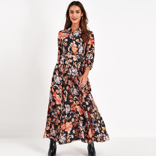 Aachoae 2020 Women Long Printed Dresses Three Quarter Sleeve Bohemian Maxi Dress Turn Down Collar Shirt Dress Vestidos Mujer