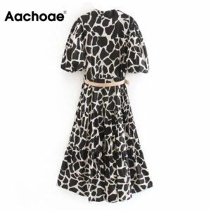 Aachoae Women Fashion Animal Print Midi Dress With Belt Puff Short Sleeve Ruffles Dresses Turn Down Collar Office Shirt Dress