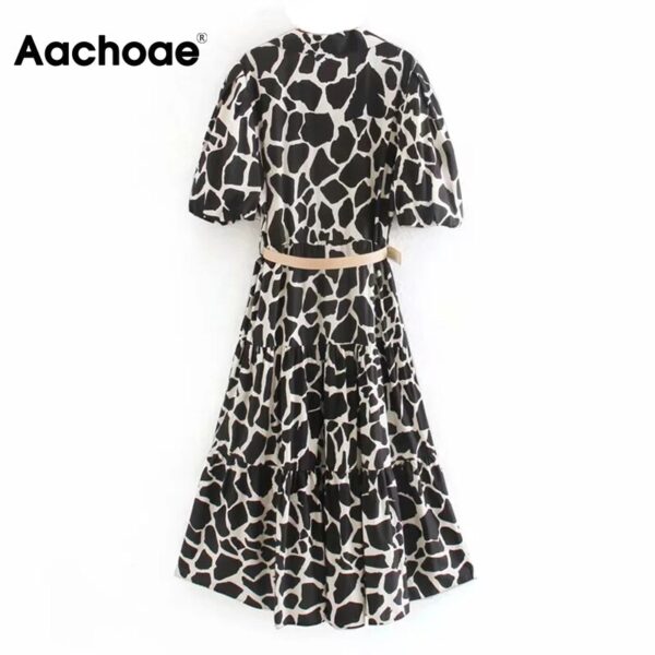 Aachoae Women Fashion Animal Print Midi Dress With Belt Puff Short Sleeve Ruffles Dresses Turn Down Collar Office Shirt Dress