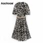 Aachoae Women Fashion Animal Print Midi Dress With Belt Puff Short Sleeve Ruffles Dresses Turn Down Collar Office Shirt Dress