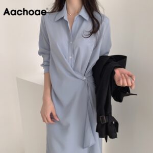 Aachoae Solid Elegant Shirt Dress Women Pleated Stylish Dress Office Wear Midi Dress Turn Down Collar Chic Dresses Ropa De Mujer