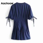 Aachoae-Summer-Navy-Color-Deep-V-Neck-Playsuit-Women-Batwing-Short-Sleeve-Elegant-Playsuit-Pleated-Bow-Cotton-Linen-Romper-Lady