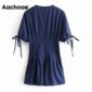 Aachoae Summer Navy Color Deep V Neck Playsuit Women Batwing Short Sleeve Elegant Playsuit Pleated Bow Cotton Linen Romper Lady