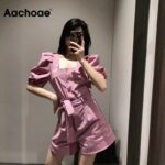 Aachoae-Summer-Pink-Color-Chic-Playsuit-Women-Puff-Short-Sleeve-Stylish-Playsuits-With-Belt-Button-Pocket-Holiday-Romper-Femme