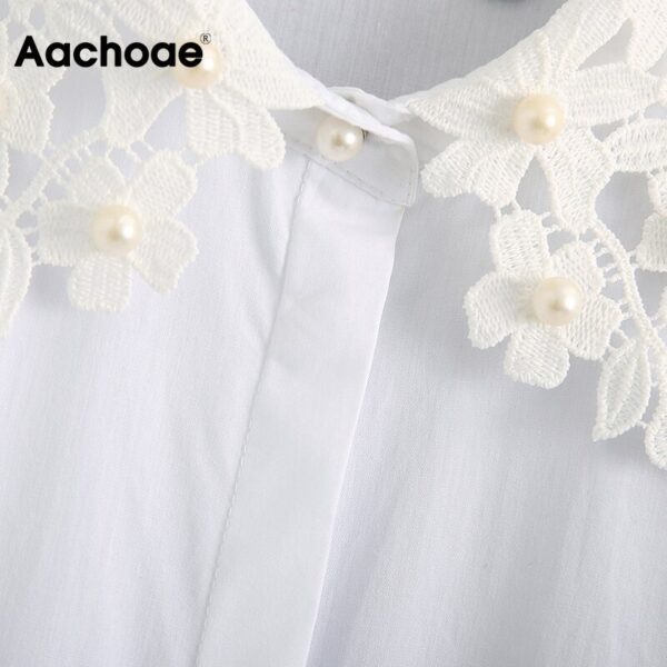 Aachoae Women Elegant Lace Patchwork White Cotton Blouse Fashion Faux Pearl Beading Tunic Top Puff Short Sleeve Female Shirts