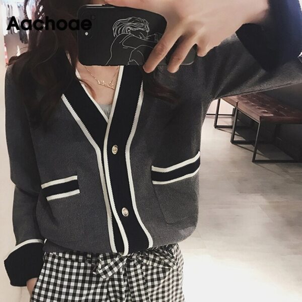 Aachoae Chic Patchwork Cardigan Top Women Casual V Neck Single Breasted Knitwear Sweater Autumn Winter Long Sleeve Pockets Coat