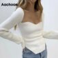 Aachoae Chic Solid Pullover Sweater Women Irregular Hem Flare Long Sleeve Stylish Knitted Sweaters Lady Square Neck Sexy Tops